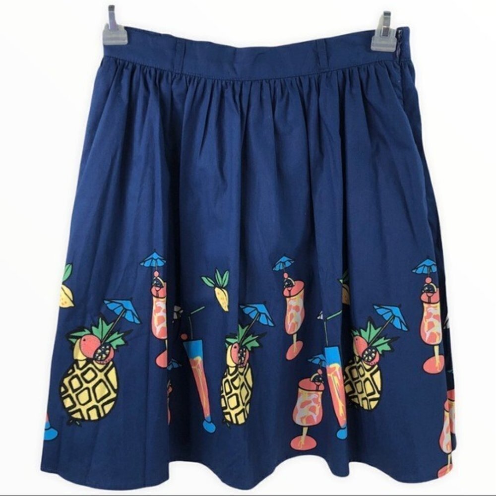 Modcloth Skirt M Margarita Pineapple Novelty Print Blue Casual Vacation Cruise - Picture 2 of 13